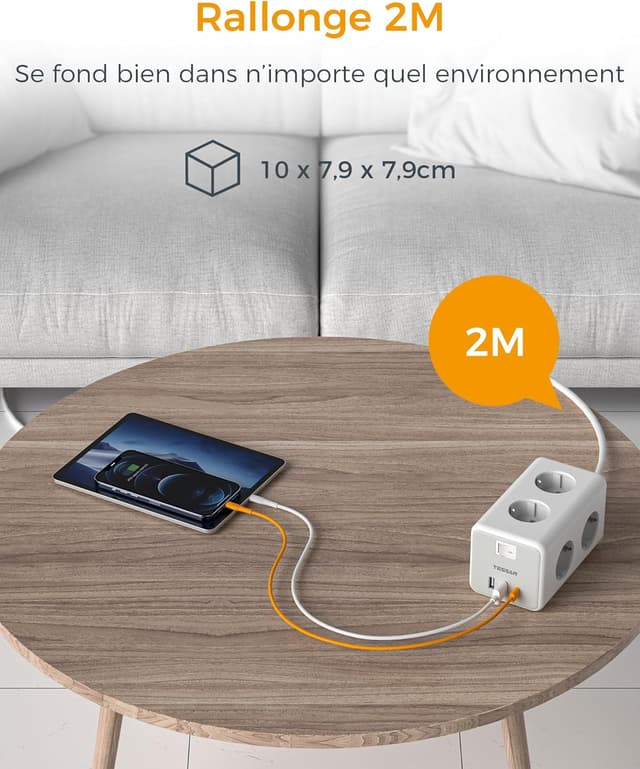Detalle 2 de TESSAN 9 en 1 multiprise USB C : 6 sorties secteur, interrupteur et rallonge 2 m (gris)