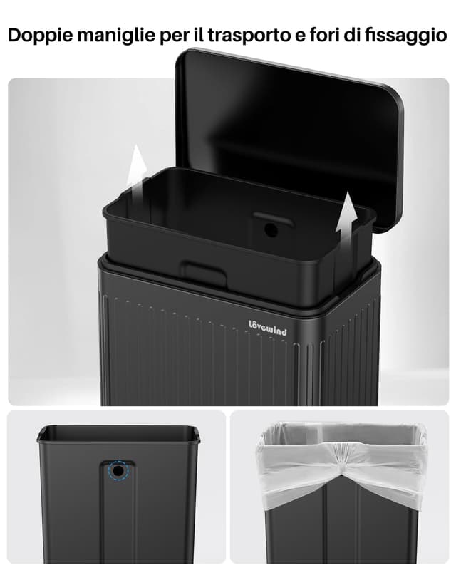 Thumbnail 5 de lovewind Bidone Spazzatura 60L Cucina Acciaio Inox Nero 🗑