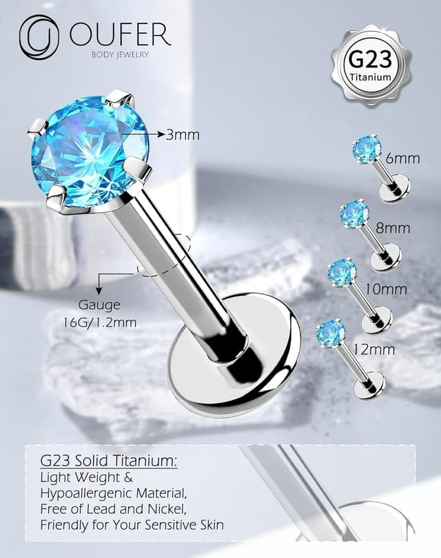 Thumbnail 3 de OUFER Labret Titanium 16G Aqua CZ 6–12mm
