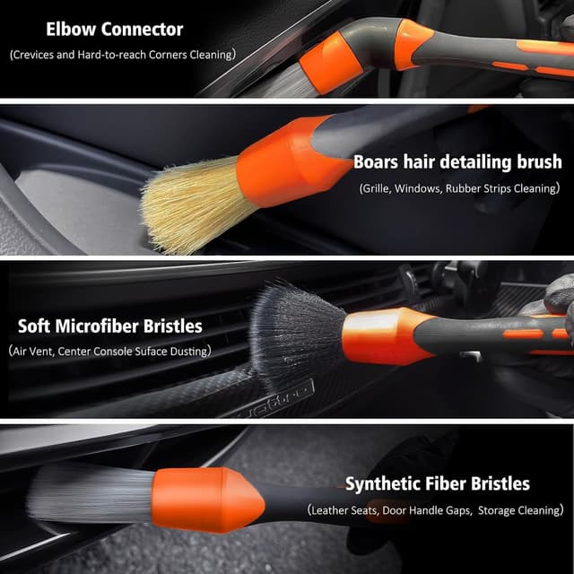 Detalle de YeewayVeh 7PCS Car Interior Detailing Kit (Orange) – soft, scratch-free brushes, applicator pads & microfiber cloth