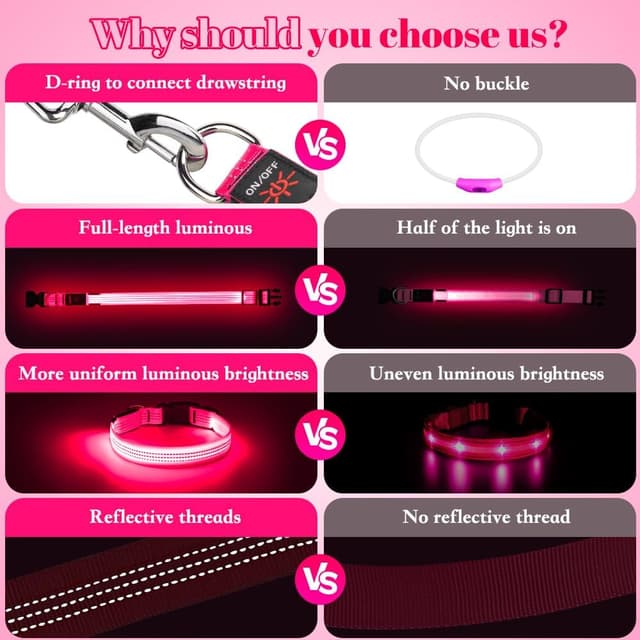 Detalle de Sugiifamy Light Up Dog Collar (Pink, Large) with USB rechargeable LED and 3 flashing modes