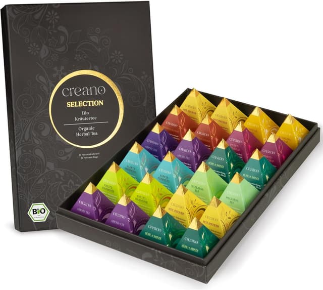 Detalle de Creano Set Regalo di Tisane Biologiche Premium “Organic Herbal Tea” (24x piramidi in 9 varietà) – confezione elegante da 60 g