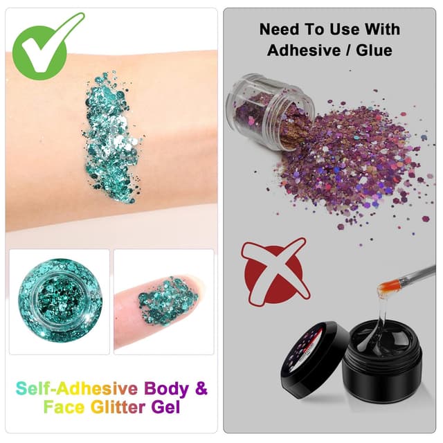 Detalle 2 de URAQT Body Glitter Gel – Chunky Glitzer für Gesicht, Haare, Lippen, Nägel & Körper (Grün)