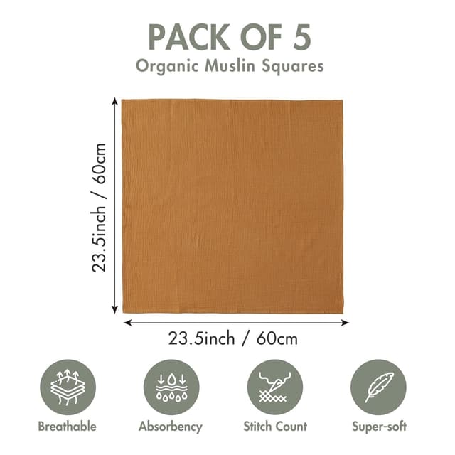 Detalle de Musselintücher für Baby-Musselinquadrate: 5er-Pack atmungsaktive Mullwindeln & Wickeldecken (60 x 60 cm)