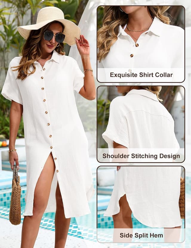 Detalle de Robe de plage femme longue en coton UMIPUBO (coupe tunique à V) – cover-up pour maillot et sarong