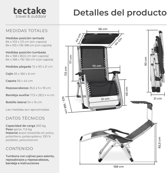 Detalle 2 de tectake Silla tumbona plegable gris 1