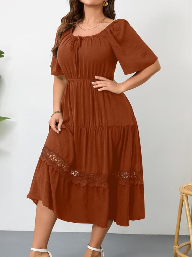 Detalle 2 de RWJ Women’s Plus Size Maxi Dress with Square Neck, Flutter Sleeves & Lace Trim