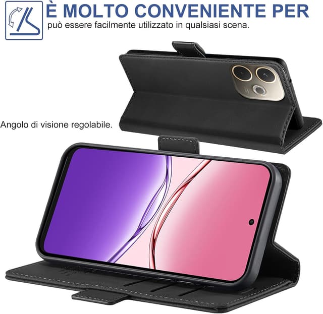 Detalle de Custodia Giyer per OPPO A5 Pro con vetro temperato, pelle PU e supporto flip (anti-RFID) – Nero