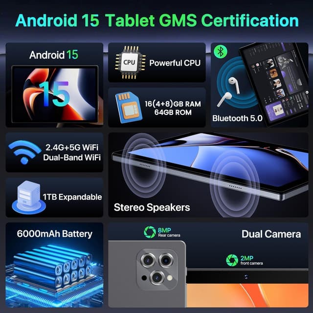 Detalle de Android 15 10.1-inch Tablet (Grey) — 5G/ WiFi 6, 16GB+64GB, 6000mAh, Widevine L1