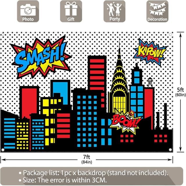 Detalle de Luminora 7x5ft Superhero Photography Backdrop (Cartoon Cityscape & Skyline) for Kids Photo Booth