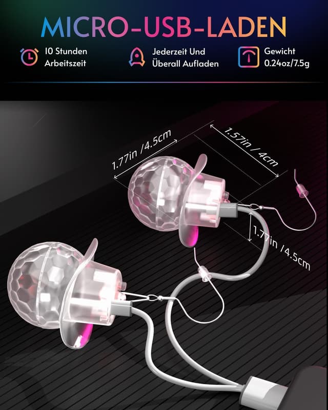 Detalle de LED Ohrringe „Rhombic discokugel“ mit 16 Lichtmodi – wiederaufladbar für Disco, Rave & Party Outfits
