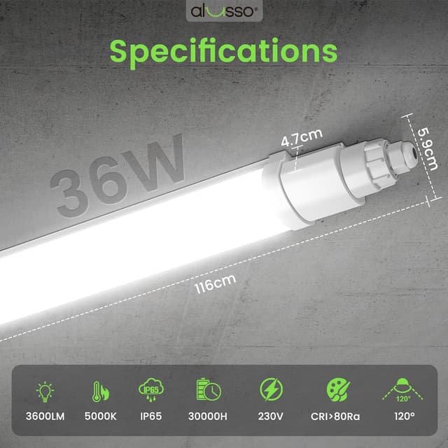 Detalle 2 de ALUSSO LIGHTING LED Feuchtraumleuchte 116 cm, 36W