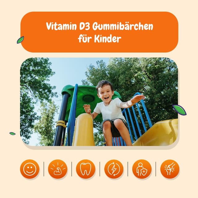 Detalle 2 de maxmedix Vitamin D3 Kinder Gummibärchen mit Orangengeschmack (1.000 IE, 120 Stück) – für Kinder von 3 bis 12 Jahren