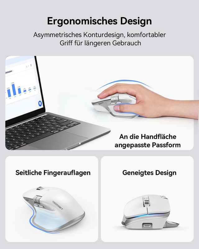 Detalle de TECKNET kabellose Bluetooth-Maus (BT 5.3/5.0 + 2,4G) mit 7 Tasten, 4.800 DPI, USB-C – weiß