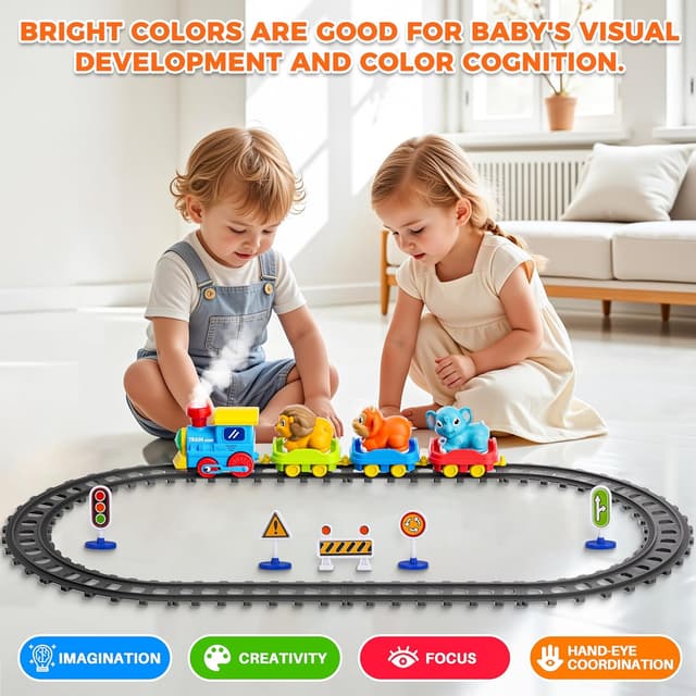 Detalle de Toddler Steam Electric Train Set with Music & Lights (with Tracks Accessories) and 3 Animal Cars