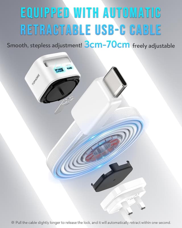 Thumbnail 2 de TOPADRE 35W Retractable USB-C Charger (3 Ports) with Built-in 70cm Cable, White