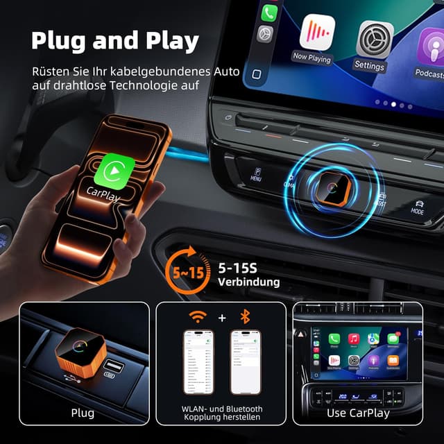 Detalle de MYCIMRE Adaptateur CarPlay sans fil 2026 (Wi‑Fi 5,8 GHz, USB-C/USB, iPhone 6+ iOS 10+)