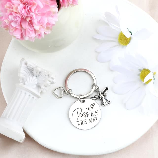 Detalle de Schlüsselanhänger mit Schutzengel und Herzanhänger aus Edelstahl – personalisiertes Geschenk für Freundin, Mama oder Schwester