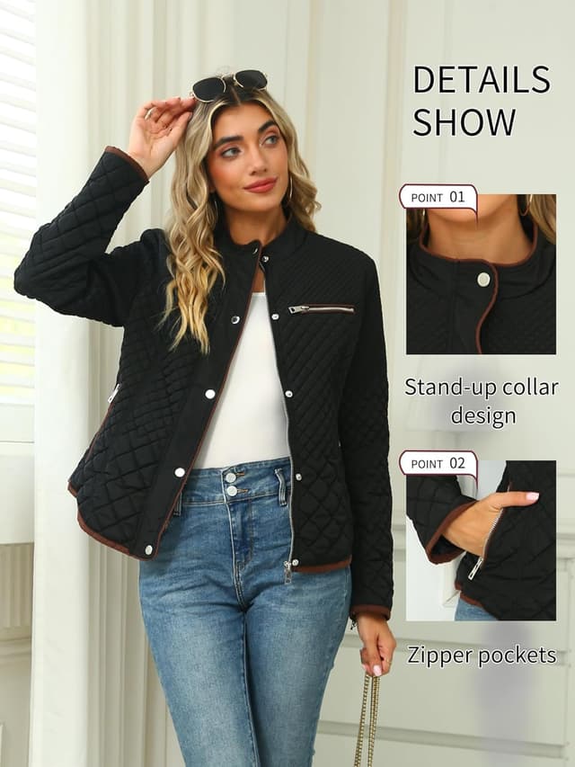 Detalle 2 de Bellivera Women’s Stand Collar Lightweight Quilted Puffer Jacket with Zip & Button Closures