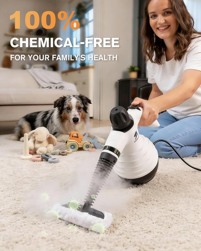 Detalle de MLMLANT Steam Cleaner (10 attachments) – 1050W handheld steam cleaner for kitchens, bathrooms, sofas and car seats