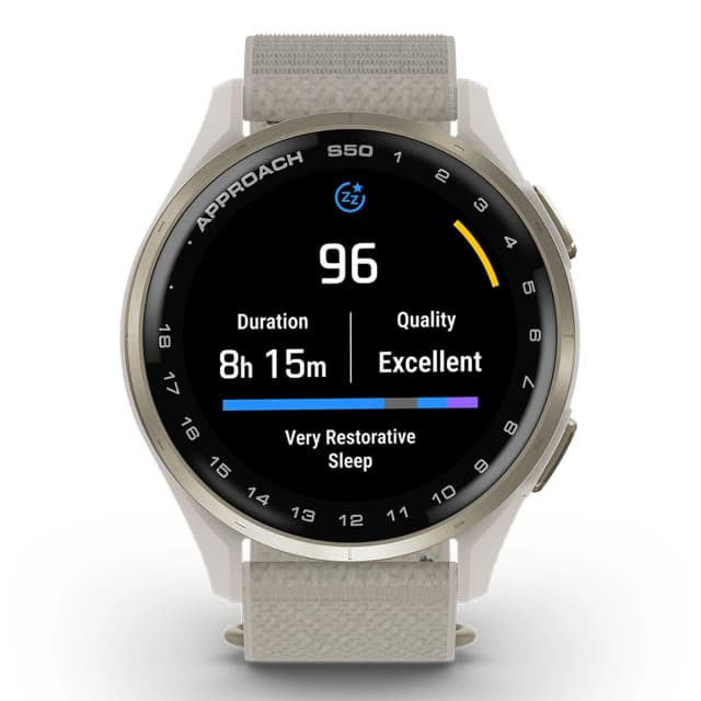 Detalle de Garmin Approach S50: smartwatch de golf con GPS y pantalla AMOLED (reacondicionado “a estrenar”)