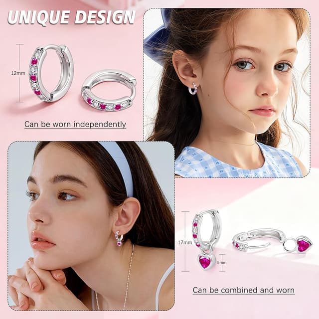 Detalle de Bewenda Ohrringe aus Silber 925 für Kinder & Damen – Creolen mit Herz-Anhänger und Zirkonia (inkl. Geschenkbox)