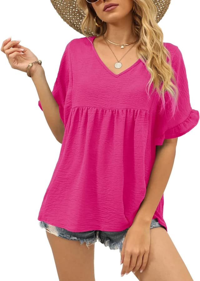 Detalle de WIHOLL Women’s Casual V-Neck Ruffle Sleeve Peplum Babydoll Top (100% Polyester)