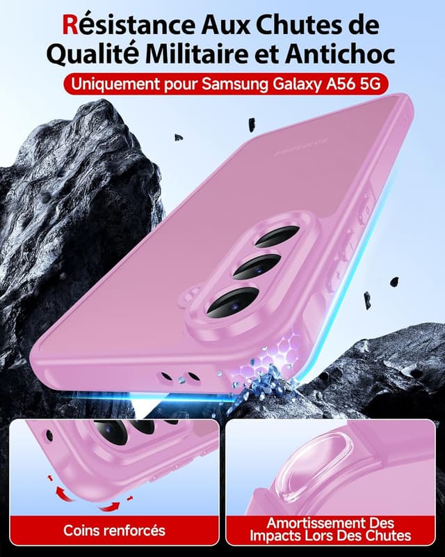 Detalle de Coque LeYi pour Samsung Galaxy A56/A56 5G avec 2 verres trempés et protection caméra/écran (rose carmin)