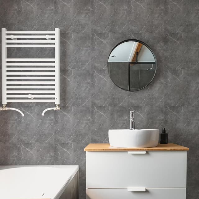 Detalle 2 de Fantasnight Marble Stick-on Tiles 30 x 30cm (24 pcs) – Grey PET peel and stick glossy wall tile stickers