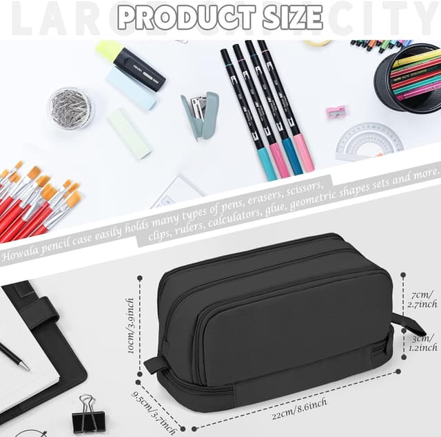 Detalle de Howala Large Capacity Pencil Case with 4 Compartments (Black canvas pouch)