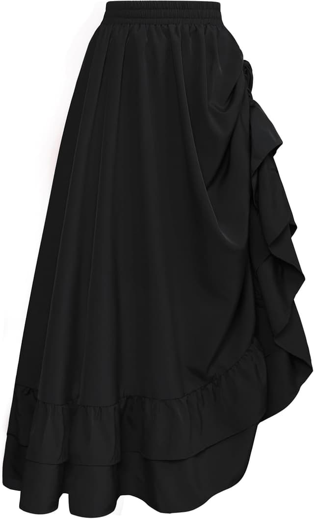 Detalle de SCARLET DARKNESS Jupe longue médiévale seampunk à taille haute, double couche à volants, noir (XXL)