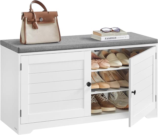 Detalle de VASAGLE LSB044W01 Panca scarpiera con 3 livelli, ante e cuscino rimovibile (35,5 × 101 × 52,5 cm) bianco nuvola/grigio tortora