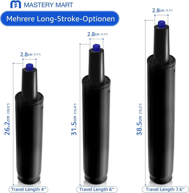 Thumbnail 6 de Extra Lang Gasdruckfeder (Gesamtlänge 355–555 mm) für Barhocker & Drehstuhl, Klasse 4, 50 mm Ø – schwarz