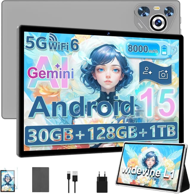 Detalle de Dghrti Tablet Android 15 10,1" IPS HD, 30 GB RAM e 128 GB + 1 TB TF, Wi‑Fi 6 e fotocamere 5/8 MP (grigio)