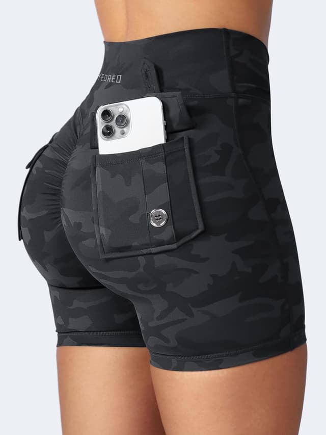 Detalle de YEOREO CoreFlex Scrunch Workout Shorts with Pockets (High-Waisted Biker Shorts)