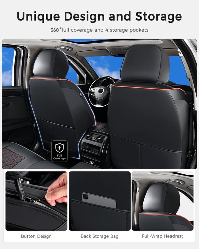 Detalle de Huidasource Nappa Leather Seat Covers (Full Set, Black & Red) — Velcro-Adjustable, Airbag-Compatible