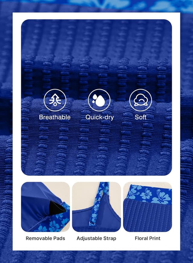 Detalle de Herseas Women's Textured Bikini Sets Floral Print Trim Scoop Neck High-Waisted Bathing Suit