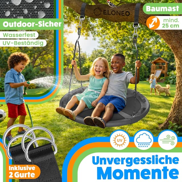 Detalle de ELONEO Nestschaukel Outdoor & Indoor (Ø 90 cm) – höhenverstellbare Tellerschaukel bis 200 kg mit Kissen & Zubehör-Set