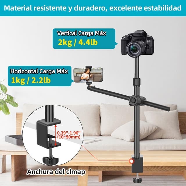 Detalle 2 de JEBUTU OS02 Kamera-Tischstativ Overhead mit flexiblem Arm, C-Klemme und 1/4" Kugelkopf (31–57 cm)