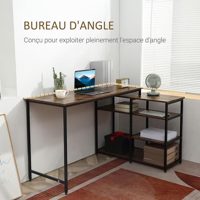 Detalle 2 de HOMCOM Bureau d’angle design industriel avec 3 étagères, panneaux imitation vieux bois et métal noir
