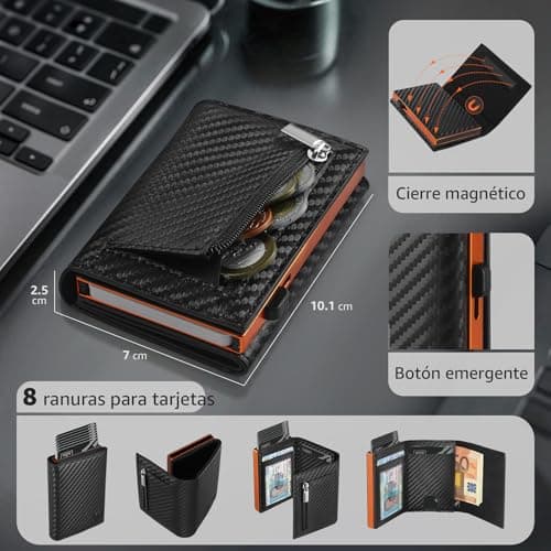 Detalle de TEEHON Carteras para Hombre con bloqueo RFID magnético y tarjetero de fibra de carbono (con monedero y ventana para ID)