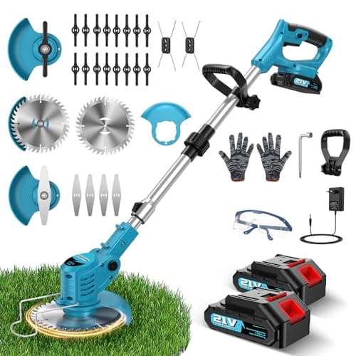 Detalle de finade Desbrozadora a Batería 500W con 2 baterías 21V 2000 mAh y 4 tipos de cuchillas