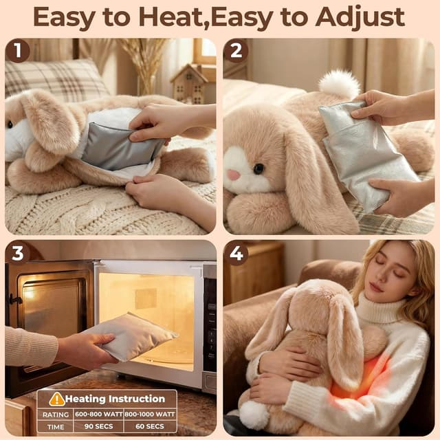 Detalle de Mewaii weighted teddy bunny plush (Cream White) with heatable/coolable inner pad, microwavable design