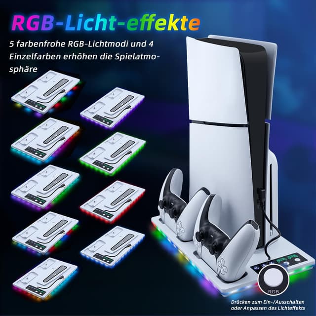 Detalle 2 de Wigearss PS5 Kühler Standfuß mit Dual-Controller-Ladestation, Lüfter und RGB-Licht für PS5 / PS5 Slim / PS5 Pro