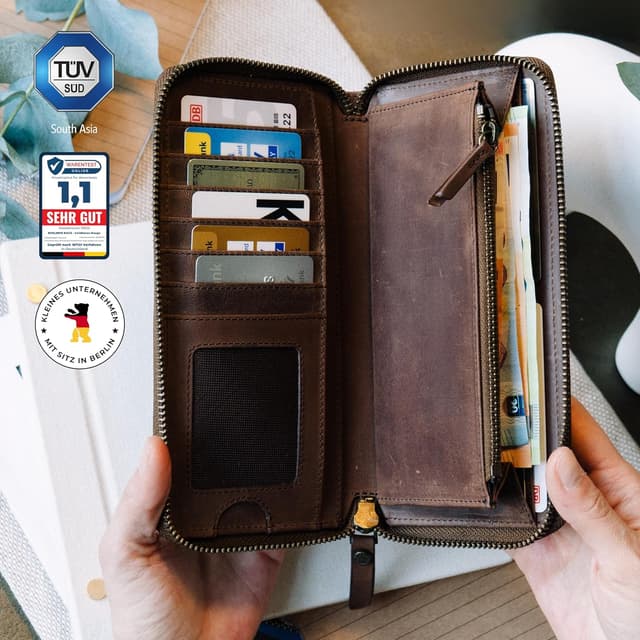 Detalle de Berliner Bags Vintage Geldbörse Margo – große Portemonnaie aus Leder mit TÜV-geprüftem RFID-Schutz (braun)