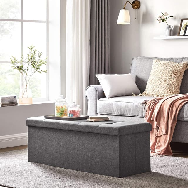 Detalle 2 de SONGMICS MAZIE LSF77K cassapanca con pouf contenitore e poggiapiedi pieghevole grigio scuro, 38 x 110 x 38 cm
