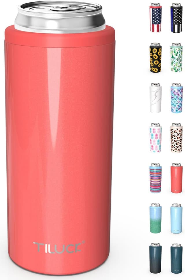 Detalle de TILUCK Skinny Can Cooler (Stainless Steel) for Slim 12 oz Cans, Double-Walled Insulated Sleeve — Glitter Coral