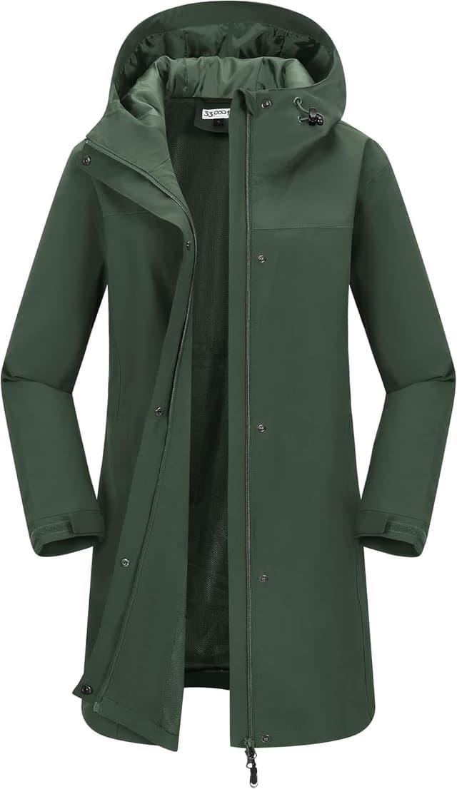 Detalle de 33,000ft Damen Regenjacke Windbreaker lang mit Kapuze – wasserdichte Softshell-Übergangsjacke für Frühling, Sommer & Herbst