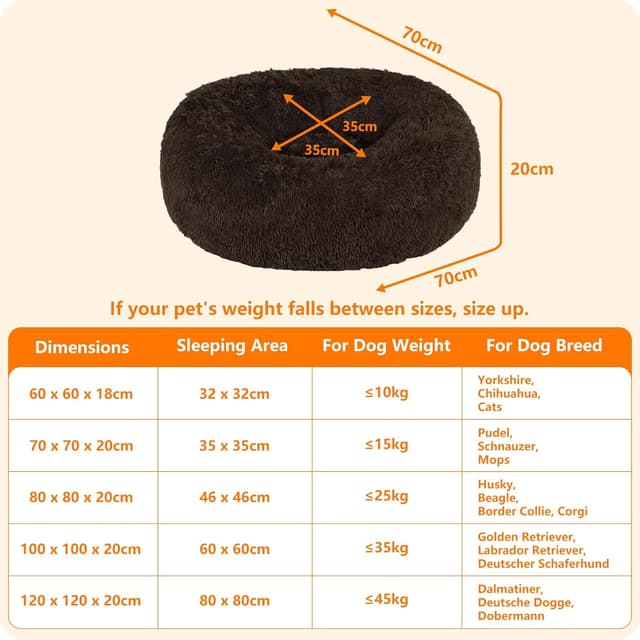 Detalle 2 de HMTOPE Orthopädisches rundes Hundebett (Donut) 70 cm Ø, braun – waschbarer Kuschelkokon