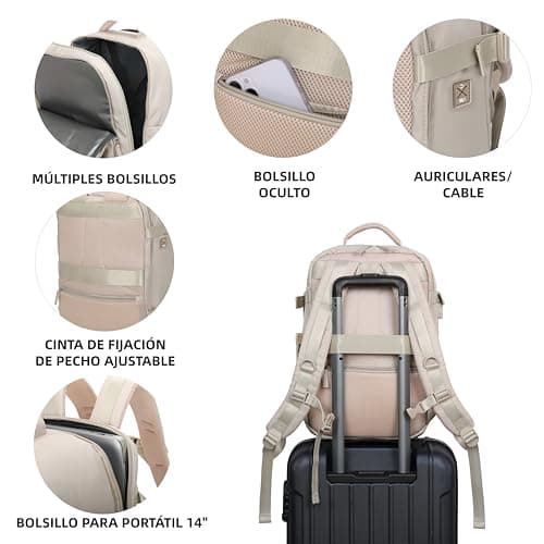 Detalle de RAYKONG Mochila Cabina Ryanair 40x20x25 cm (20 L) impermeable para portátil de 14” en color khaki